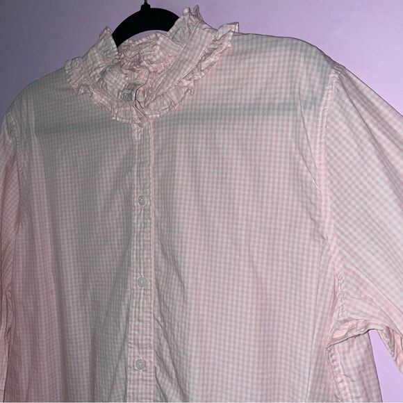 J Crew 18 Classic Button Shirt Pink Gingham Cotton Long Sleeve Ruffles - Picture 2 of 8